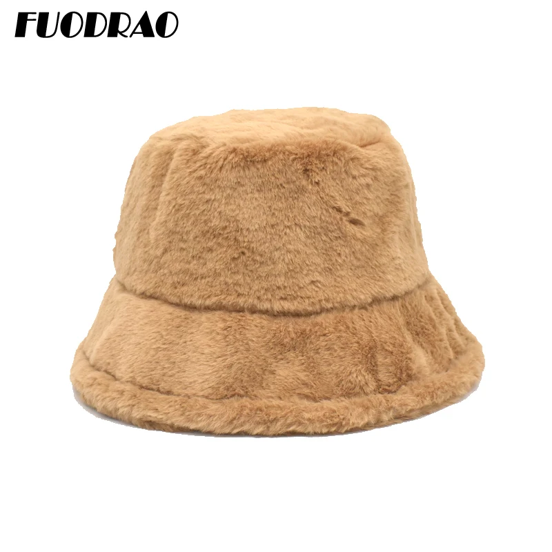 

FUODRAO New Winter Faux Fur Rabbit Bucket Hat For Women Thickened Soft Warm Panama Cap Outdoor Vacation Fisherman Hats M140