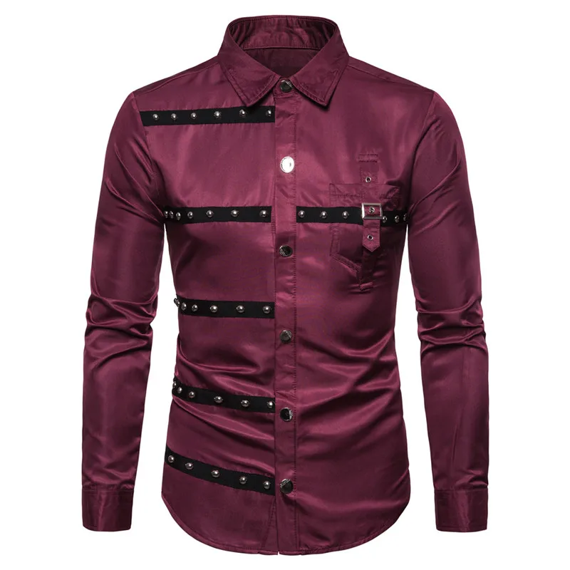 European Version New Mens Gothic Style Rivet Long Sleeve Shirt Dress Casual Hip Hop Male Personality Shirts Fit Slim Clothes