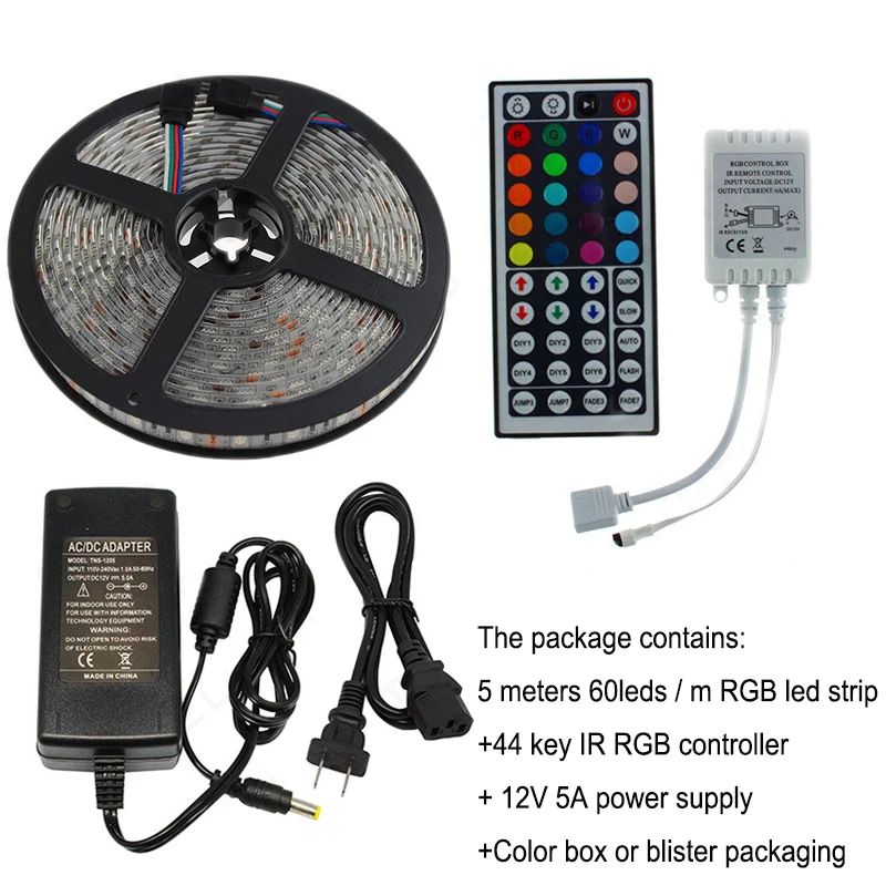 DC12V SM5050/2835-60leds/m 5m IP65 Waterproof Colorful RGB 24 keys 44 Keys Light Strip +12V 5A Power Supply Suit image 5