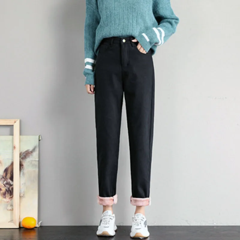 Jeans plus velvet thickening loose winter trend personality straight high waist harem pants winter warm daddy pants