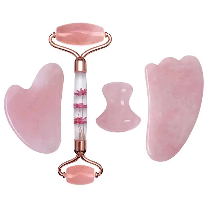 

Rose Quartz Jade Roller Eternal Flower Set Gouache Scraper Face Massage Natural Stone Facial Roller Jade Massager Gua Sha Tools