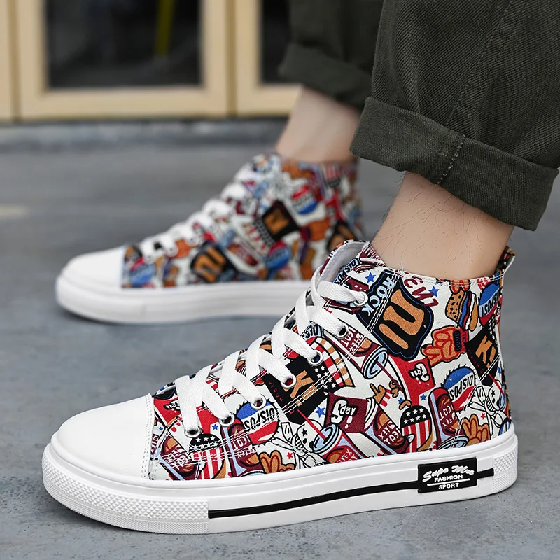 

Stylish Graffiti Printed Men Vulcanize Shoes High top Male Chunky Sneakers Couple Hip Hop Canvas Sneakers Men zapatos hombre