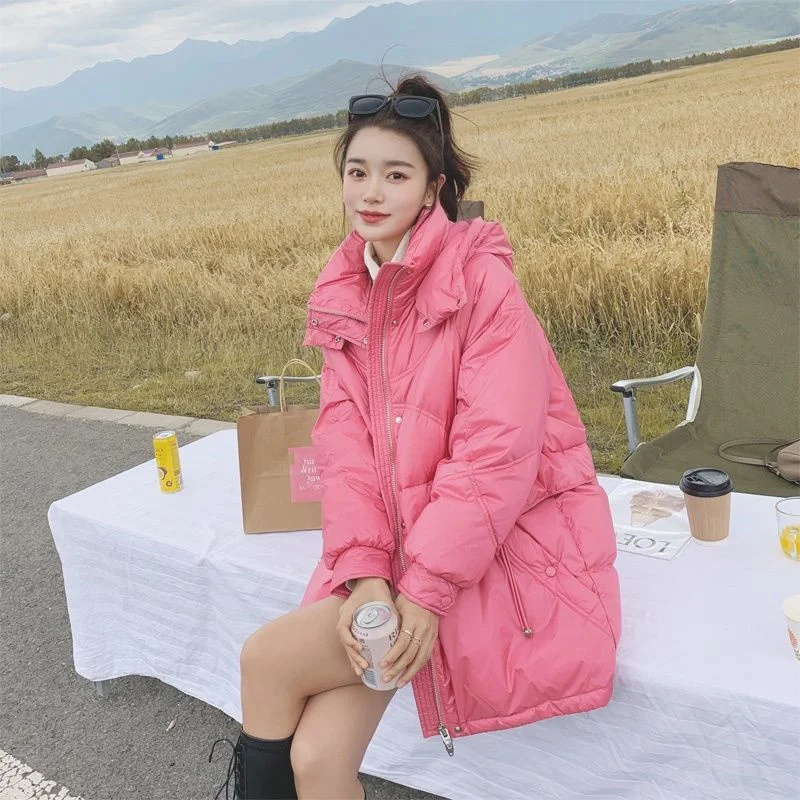 Winter 2021 New Korean Down Cotton Jacket Women Mid-Length Fashion Pink Thick Hooded White Duck Down Jacket M190