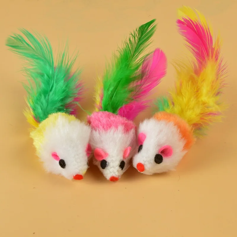 Cat Products Toys with Colorful Tail, Feathers, Mouse, Plush, 2 Inches