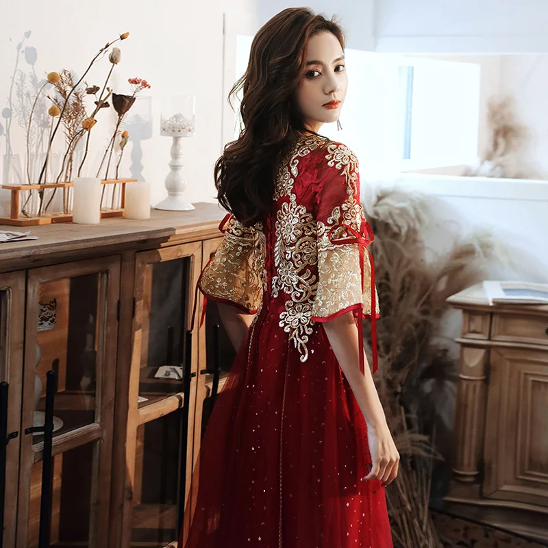 Sexy Sequins Embroidered Flared sleeve Prom Dress Evening Gown Qipao Cheongsam Luxurious Chinese Wedding Evening Dress