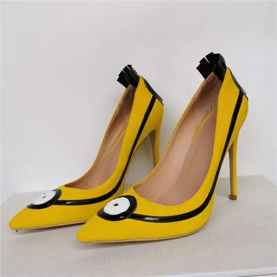 Sweet Leisure Girls Pointed Toe High heels Yellow Leather Pumps Two Cartoon Images Eyes party Wedding Shoes Woman Dress Sandals