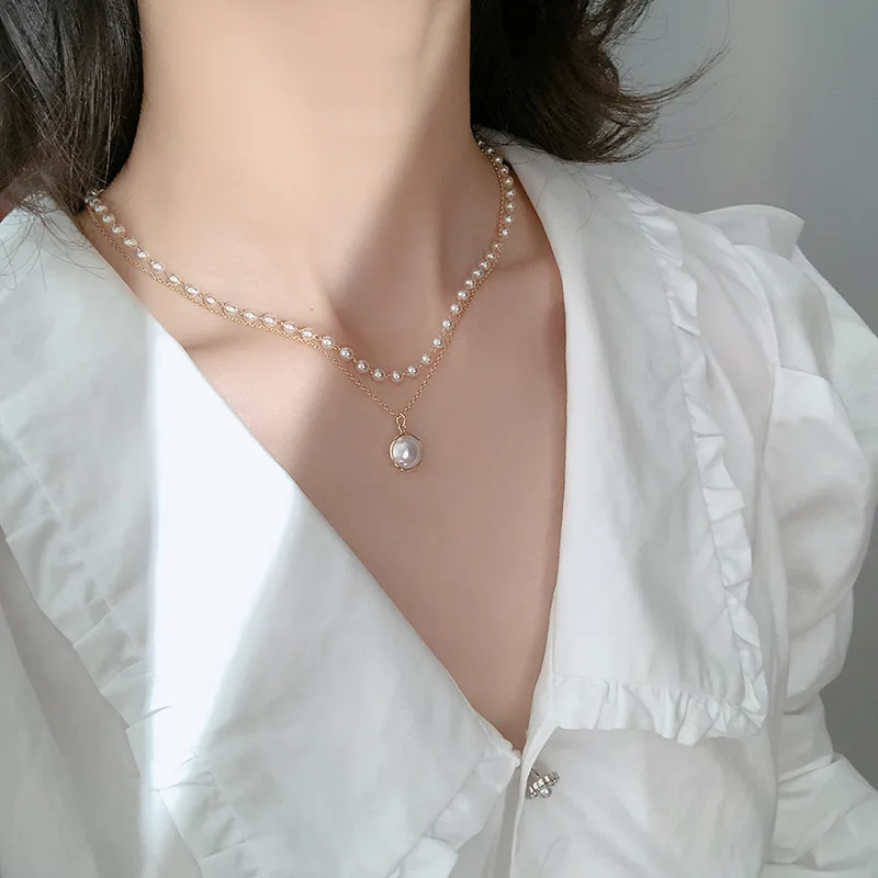 Doppel-schichten Imitation Perle Halsketten für Frauen Runde Perle Anhänger Halskette Koreanische Mode Charme Hals Zubehör Collares – Detail 10