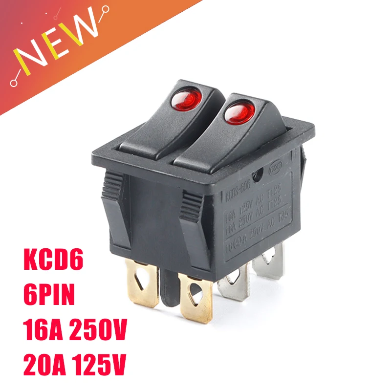 KCD6 6PIN 16A 250V 16A 125V Double Light Switch Rocker Switch ON-OFF KCD6  Button Lights Boat Power Switch