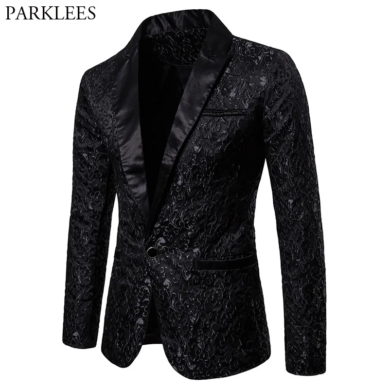 

Black Jacquard Bronzing Floral Blazer Men 2022 Luxury Brand Single Button Suit Jacket Men Wedding Party Stage Costume Homme 2XL