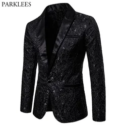 Black Jacquard Bronzing Floral Blazer Men 2022 Luxury Brand Single Button Suit Jacket Men Wedding Party Stage Costume Homme 2XL