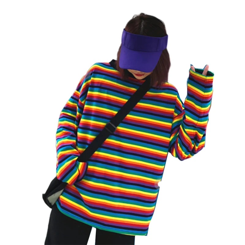 2019 New Women Rainbow Stripe T Shirt Autumn Female Round neck Shirt Long Sleeve Plus Size Tshirts For women Wild T Shirt