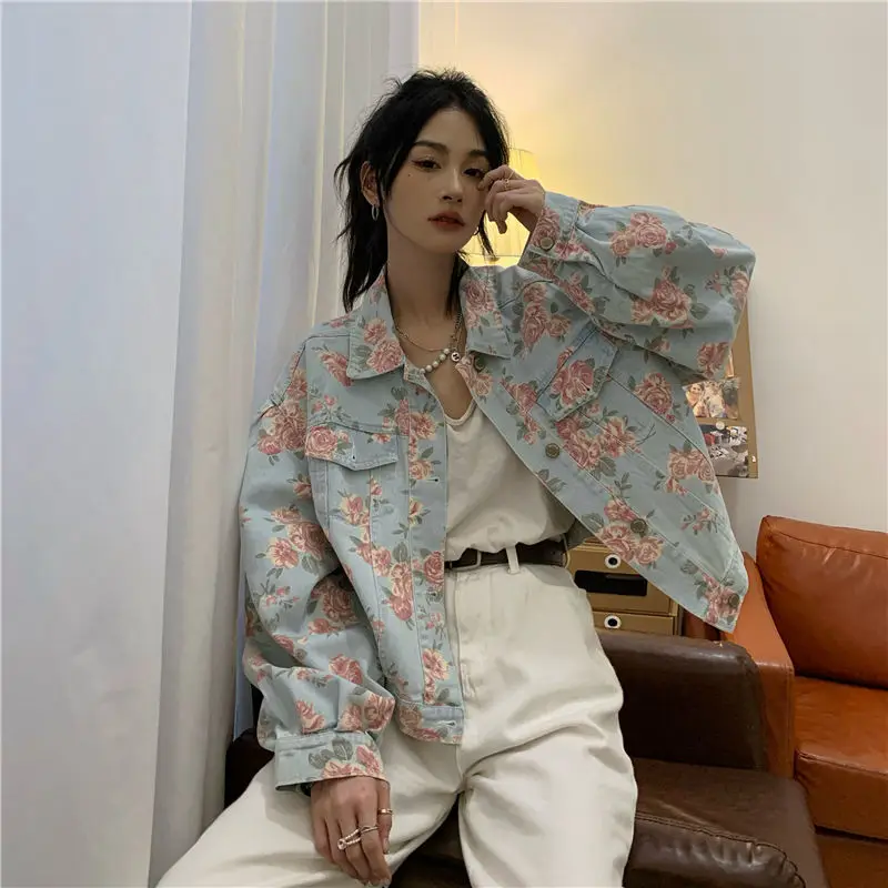 Women Denim Jacket Jeans COTTON Korean Ladylike Spring Autumn Sweet Floral Outerwear Coat Full Turn-down Collar Single Breasted