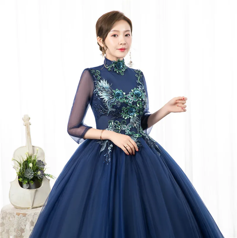 Bloemenprint Quinceanera Jurken Marineblauw A-lijn Drie Kwart Lace Up Prom Dress Puffy Masquerade Baljurken