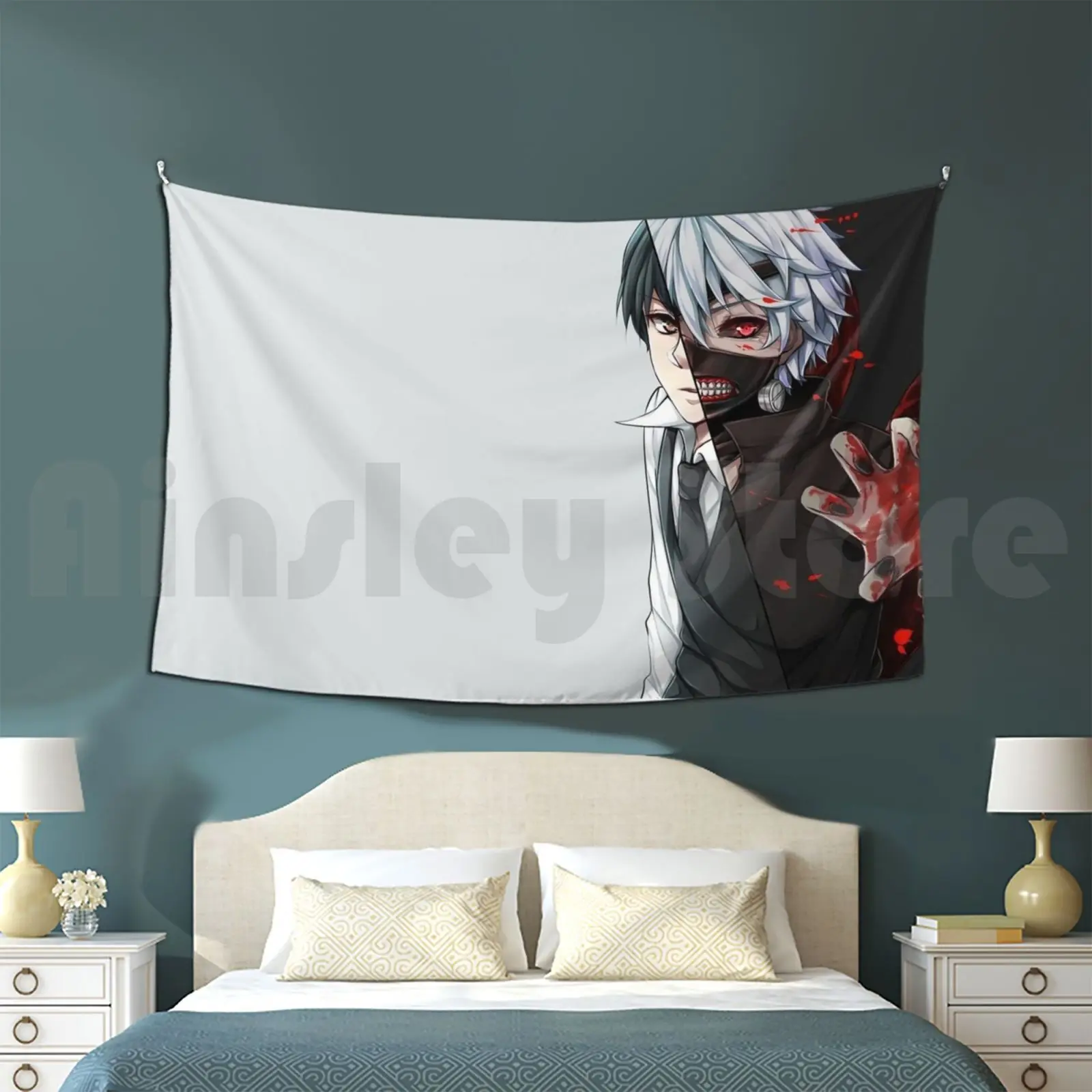 Tokyo Ghoul Tapestry Background Wall Hanging Black Hair Blood Boy Cuffs Heterochromia Kagune Tokyo Ghoul Ken Kaneki