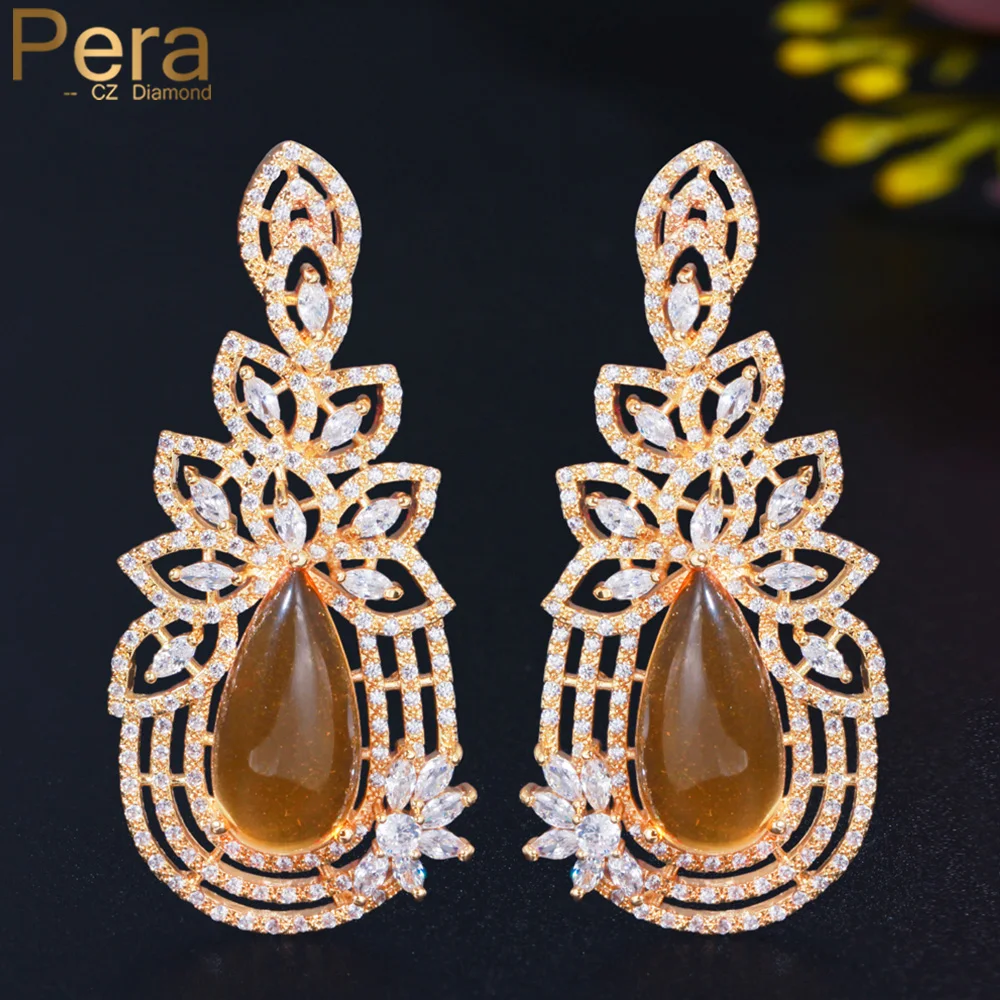 

Pera Vintage Champagne Cubic Zircon Yellow Gold Color Long Big Water Drop Luxury Weddding Party Dangle Earrings for Brides E694