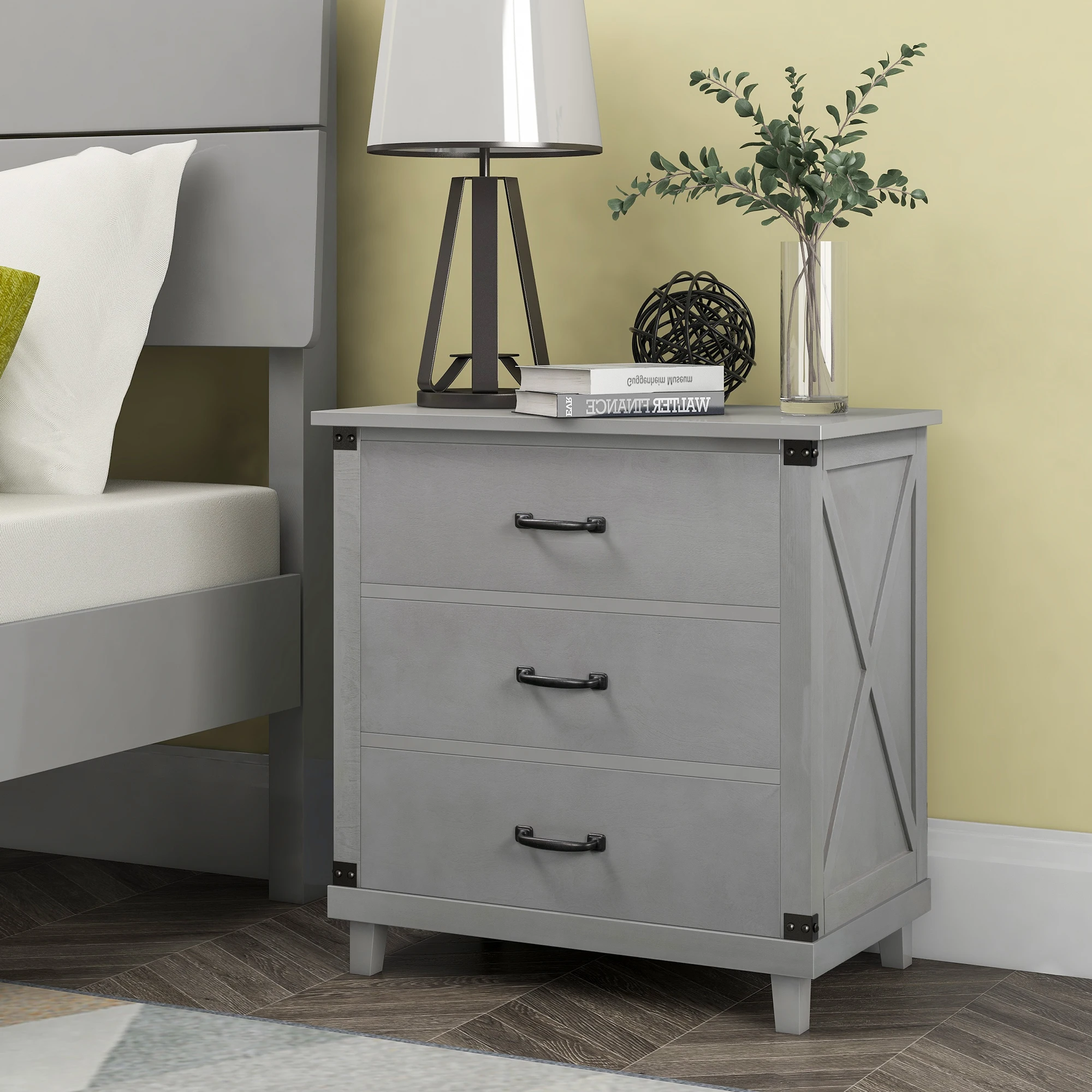 Two Colors  Modern Bedroom Nightstand with 3 Drawers Storage ,