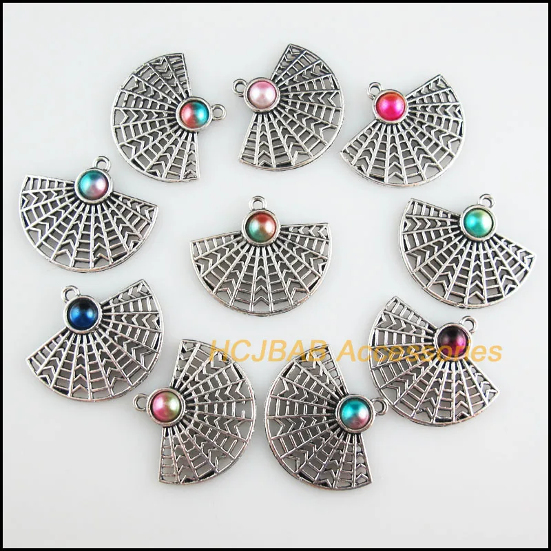 

10Pcs Tibetan Silver Tone Retro Fan Sector Mixed Colored Acrylic Charms Pendants 26x30.5mm