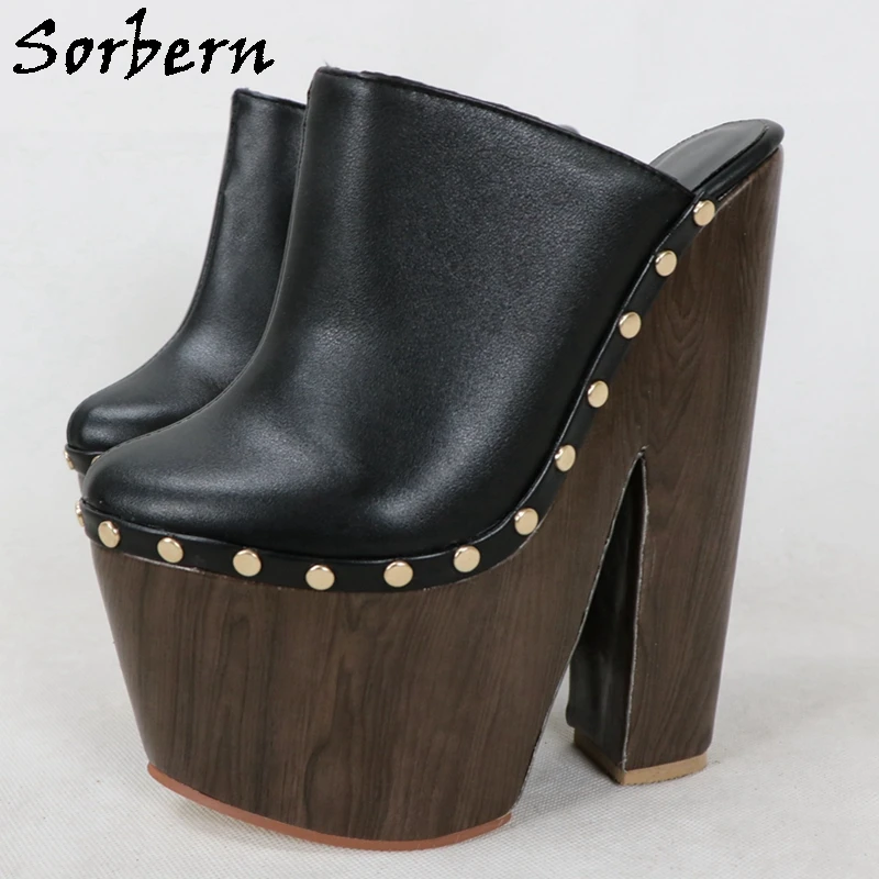 Sorbern Punk Rivets Women Pump Block Heels Mules Unisex Studs Side Slip On Cork Style Wrapped Chunky Heel Platform Thick Shoe