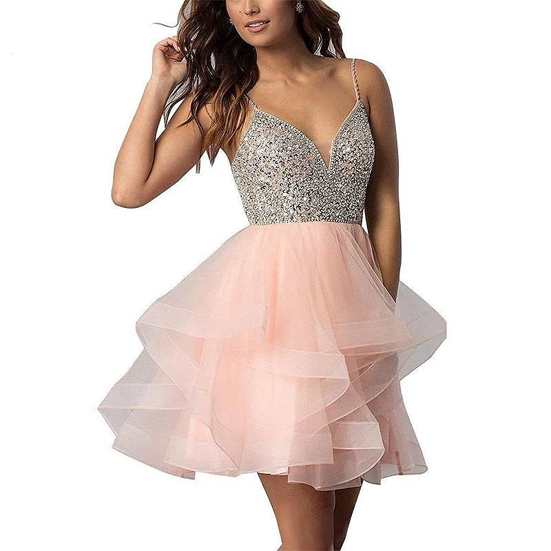 

Spaghetti Beaded Bodice Short Homecoming Dress Tulle Mini Prom Dress Sequins Crystals Party Gown 8 grade graduation dress