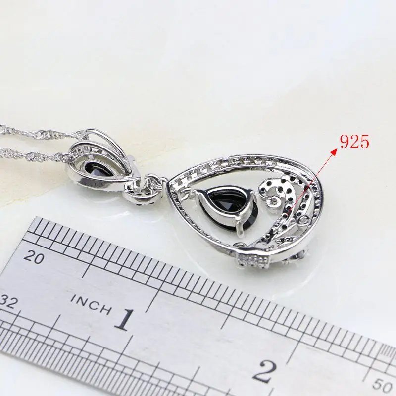 Water Drop Black Rhinestone White Zircon 925 Sterling Silver Jewelry Sets For Women Stud Earrings/Pendant/Necklace/Bracelet