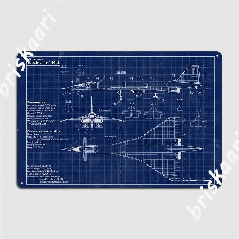 Tupolev Tu 144 Blueprint Poster Metal Plaque Club Wall Classic Wall Decor Tin Sign Posters