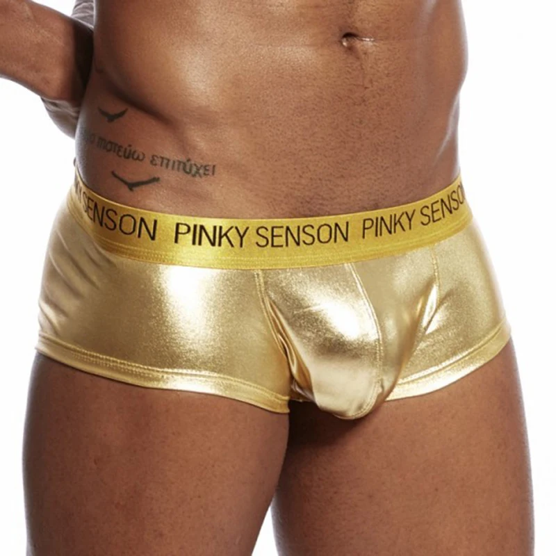 Men Boxers Shorts Bright Gold Faux Leather Male Panties Performance Underwear U Convex Pouch Homme Boxers