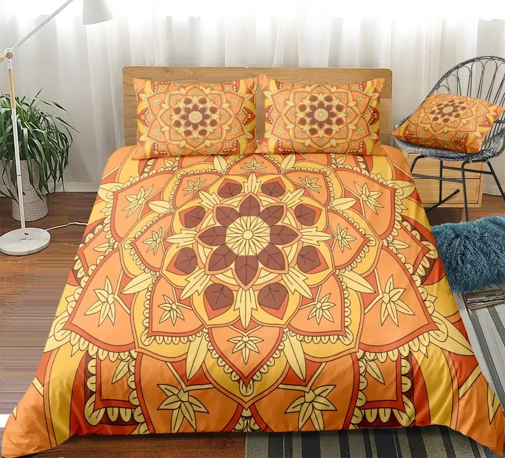 

Bohemian Bedding Set Boho Mandala Duvet Cover Set Lotus Flower Bed Linen Boho Hippie Home Textile Gold Bedclothes Floral Bed Set