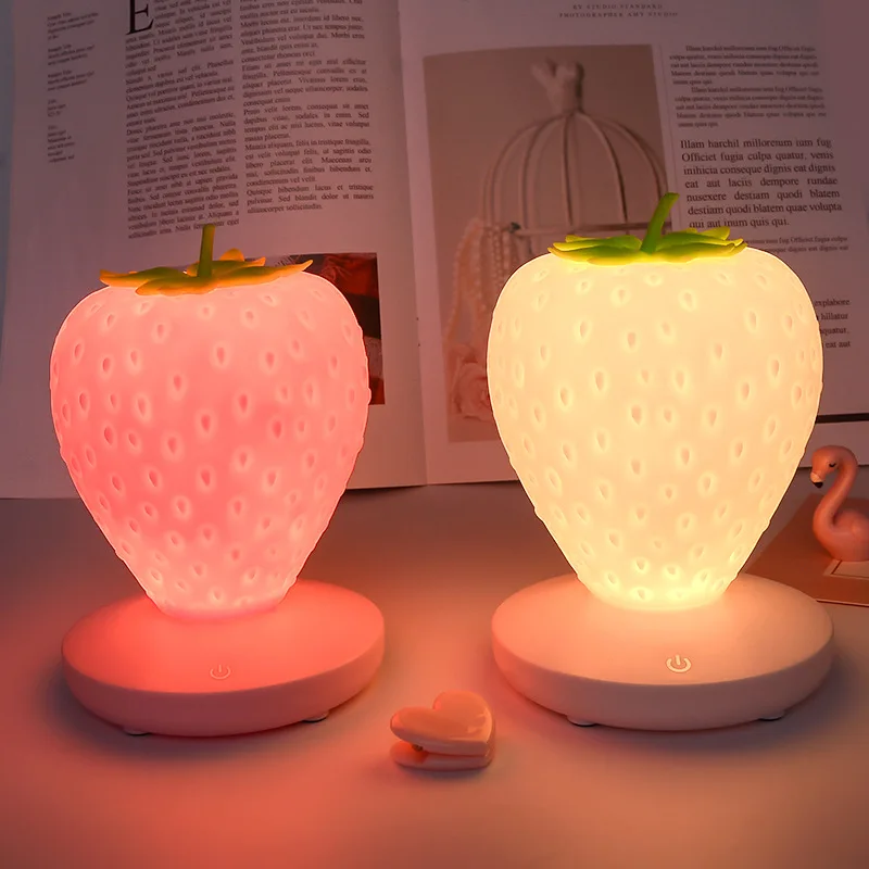 Strawberry Lamp for Bedroom Silicon Touch-Sensor LED USB Rechargeable Dimmable Idyllic Bedside Night Light for House Decoration