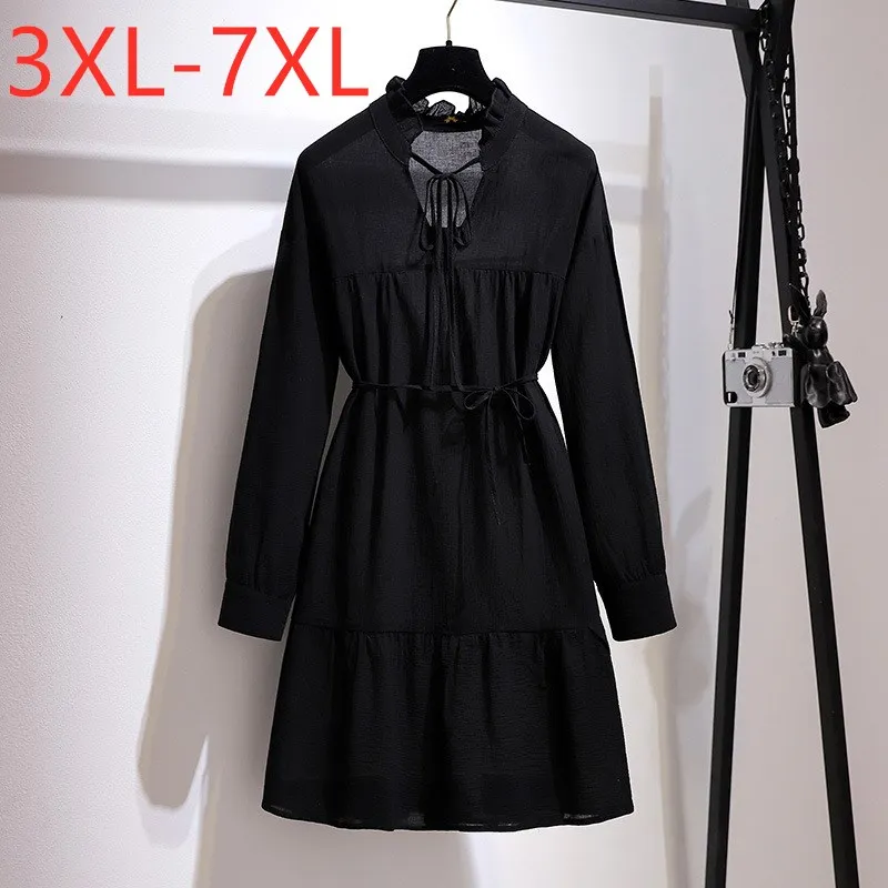 Vestido de talla grande para mujer, minivestido holgado de manga larga con cinturón de algodón negro 3XL, 4XL, 5XL, 6XL, 7XL, novedad de 2021