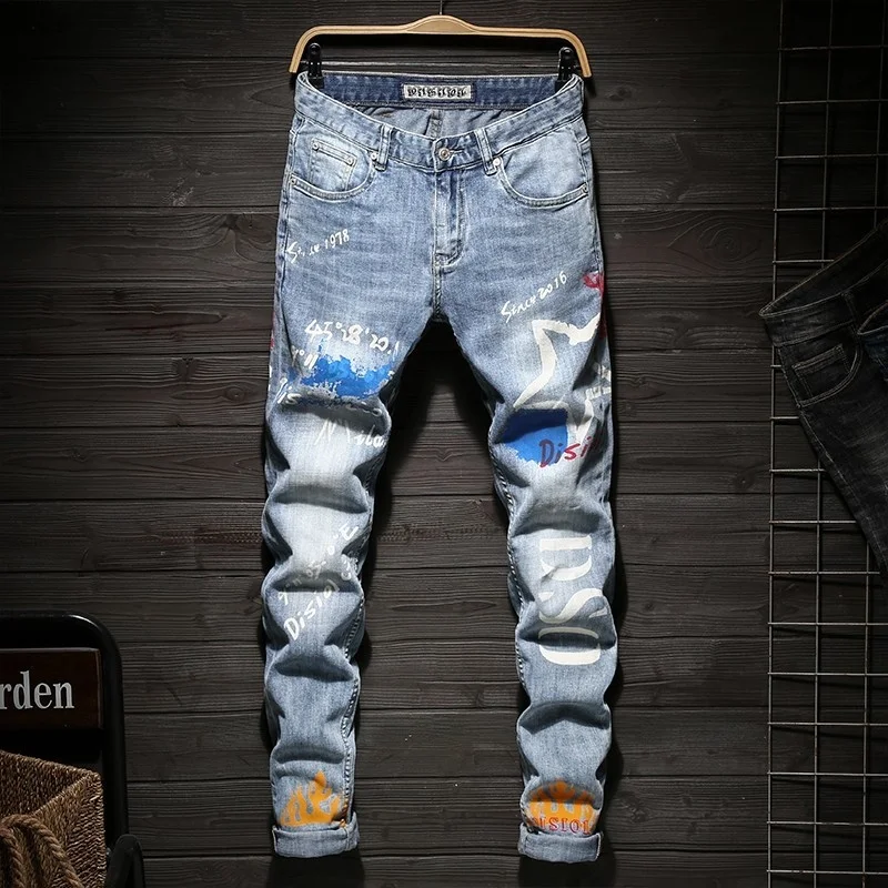 

Designer Brand Mens Slim Fit Washed Jeans Fashion Printed Long Trousers High Street Hip Hop Denim Pants Cowboy Pencil Pants 38