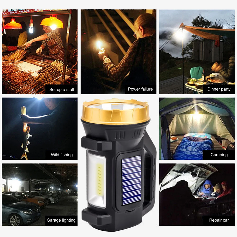 Lanterna portatile a LED faretto portatile USB lanterna solare torcia proiettore con luce laterale impermeabile 18650 all\'aperto
