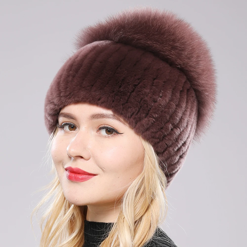 Russia Winter Luxury Women Real Genuine Fox Fur Beanies Hat Girls Natural Real Rex Rabbit Fur Skullies Cap Knitted Real Fur Hats