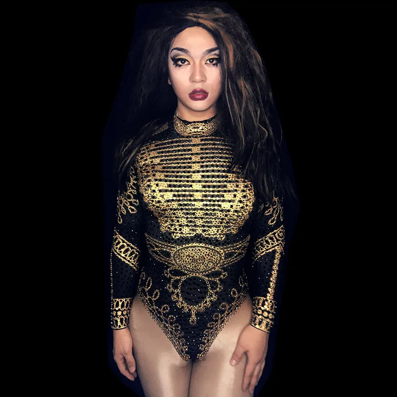 

Female Roman Style Golden Rhinestone Pattern Skinny Long Sleeves Bodysuits Women's Sexy Stretch Pole Dance Performance Outfits