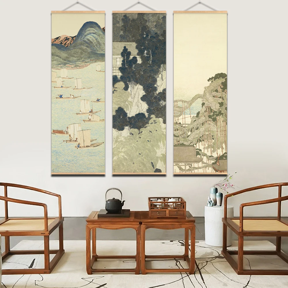 Japanese Ou-Mi Ukiyoe Scroll Print Poster Landscape Wall Art Pictures Living Room Vintage Painting Farmhouse Home Decor