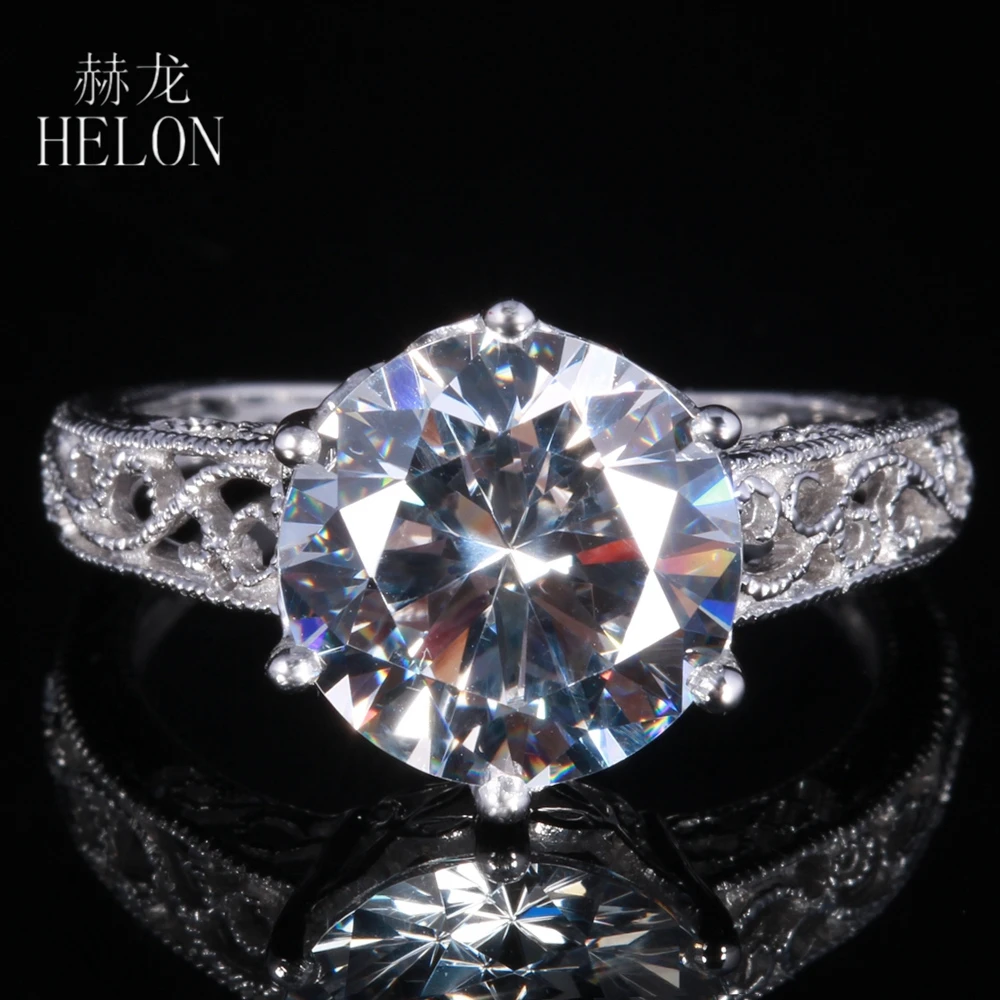 

HELON Sterling Silver 925 AAA Graded Cubic Zirconia Women Ring Vintage Antique Fine Jewelry Solitaire Engagement Wedding Ring