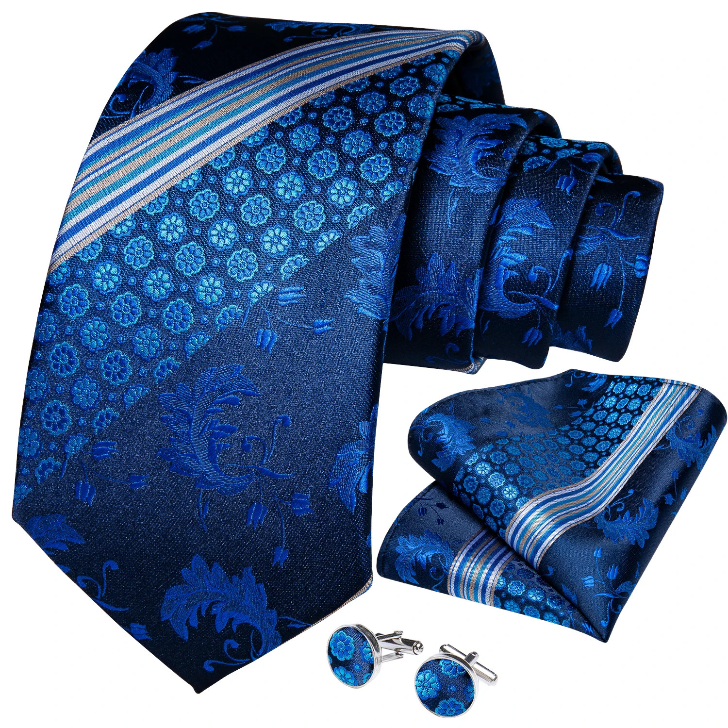 Men's Tie Handkerchief Cuffink Necktie Set Jacquard Woven Silk Blue Wedding Formal Business Party Necktie Ring Set DiBanGu