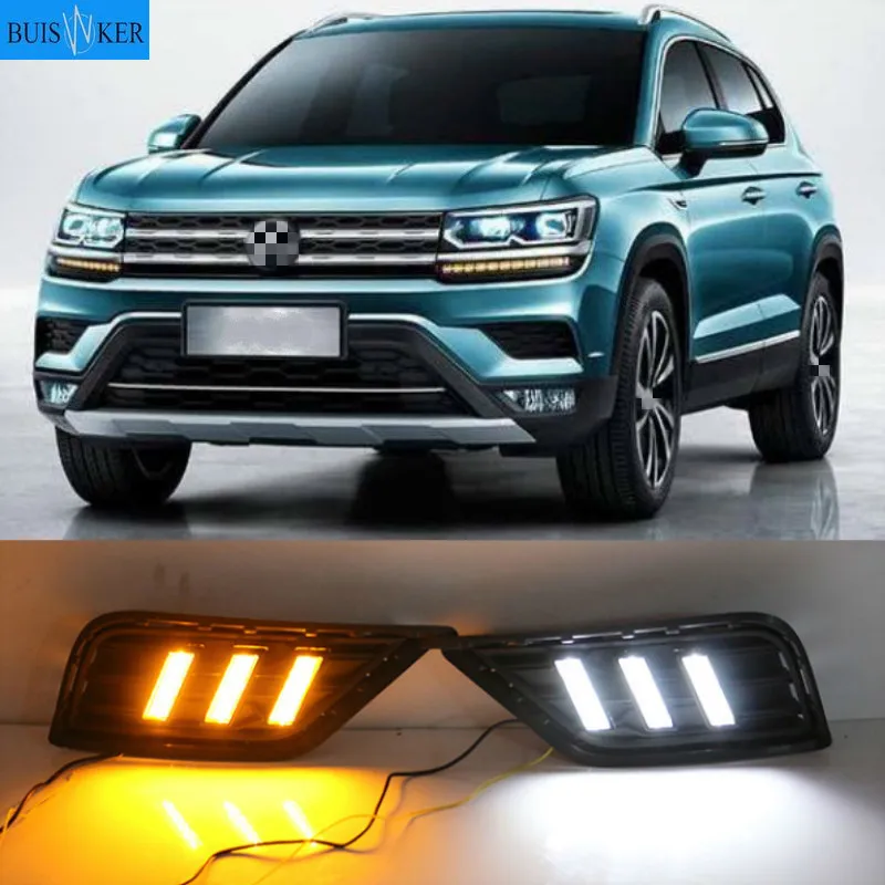 

1Pair For Volkswagen VW Tharu 2019 With Yellow Turn Signal Fog Lamp Cover night blue LED DRL Daytime Running Light Daylights