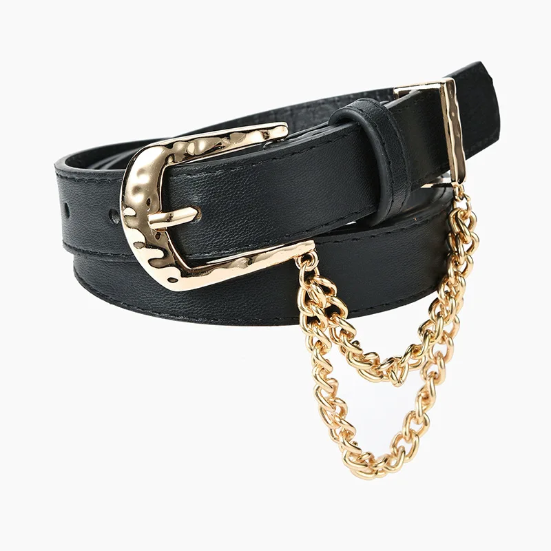 Fashion Punk Unisex Alloy Pin Buckle Belt Luxury Brand PU Leather Golden Chain Waist All-Match Jeans Trousers Thin Waistband