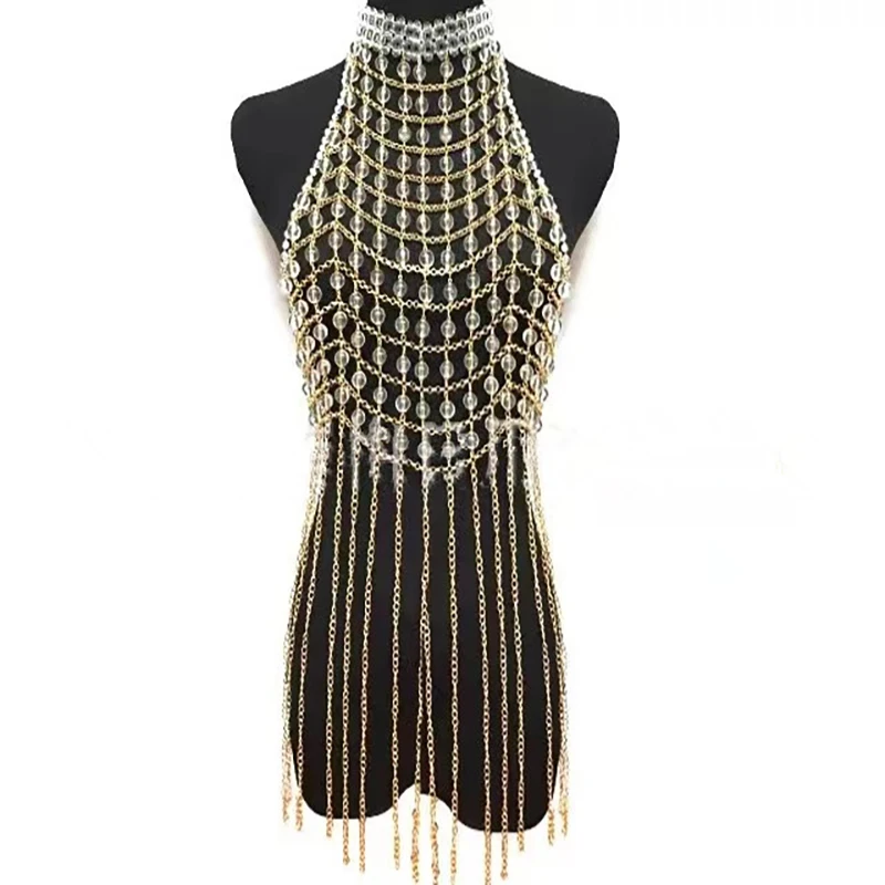 Luxury Crystal Shoulder Chain Handmade Bead Body Chain Sexy Dress Pearl Mesh Fringe Street Pat Breast Chain for Women Jewelry