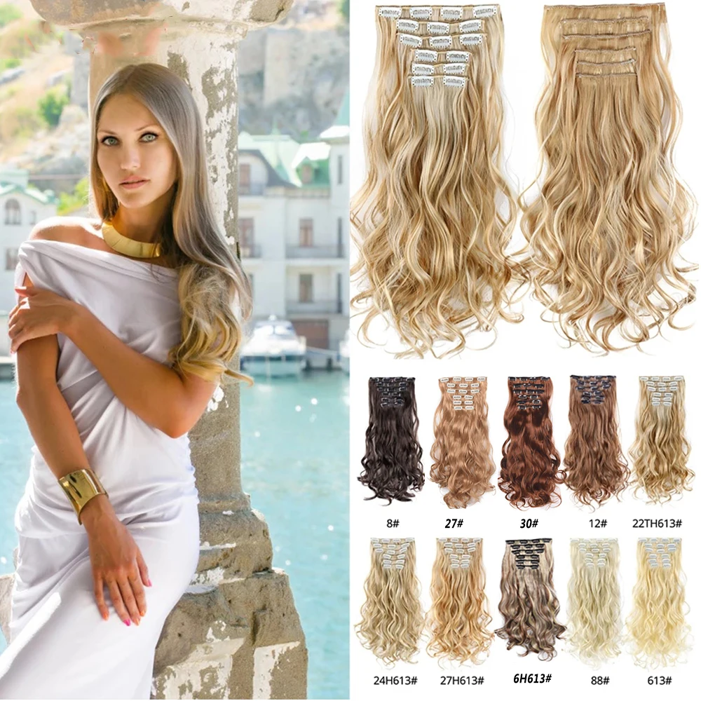 

Long Wavy Hair Extensions Synthetic Clip In Hair Extensions Ombre Honey Blonde Dark Brown Thick Hairpieces 6pcs/set 20 Inch