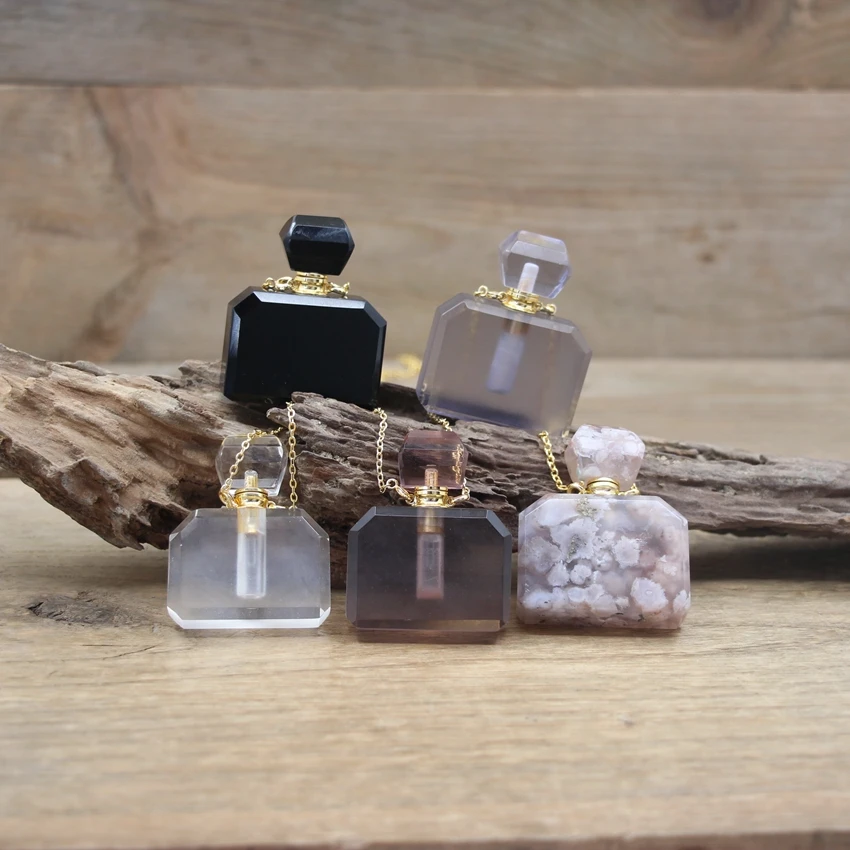 High Quality Sakura Agates Perfume Bottle Pendants Necklace Rectangle Obsidian Crystal Essential Oil Vial Chains Jewelry QC1111