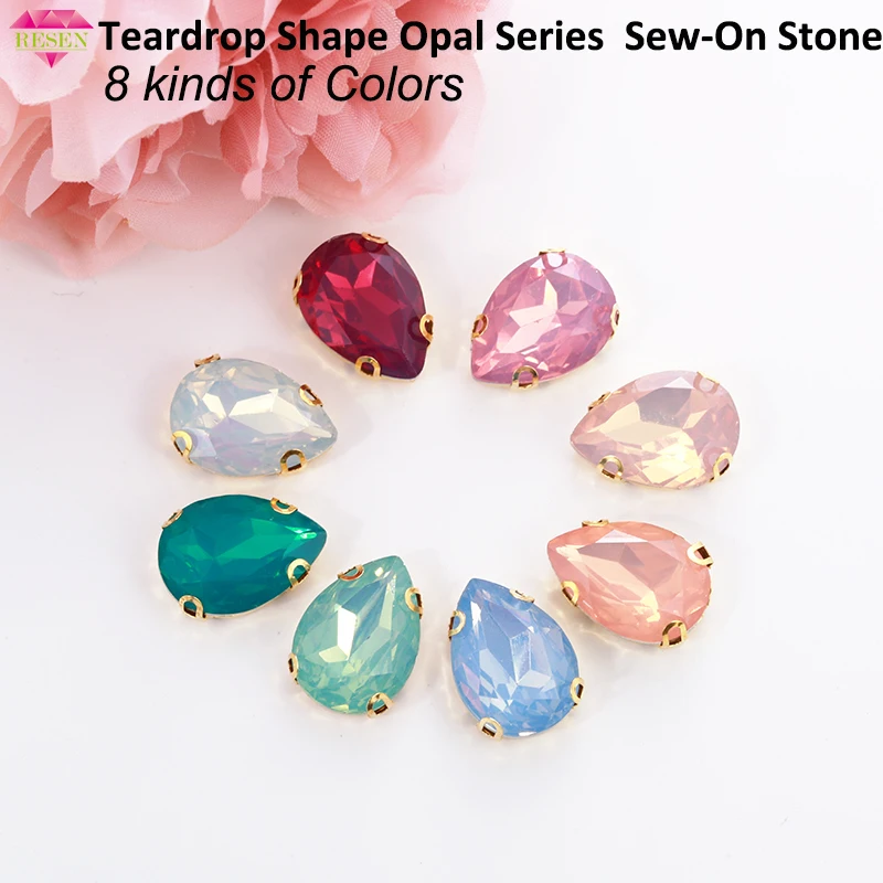 RESEN Mix Colors TearDrop Shape Sew On Rhinestones With Gold Claw Set Resin Opal Pink/ Green/Peach/Blue/White Stones For DIY