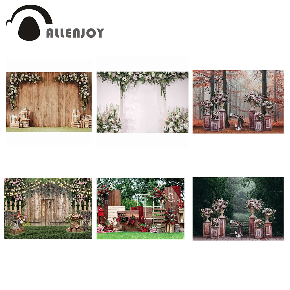 

Allenjoy Wedding Backdrop Valentine's Day February 14 Wooden Flower Garden Marriage Party Forest Background Banner Photocall