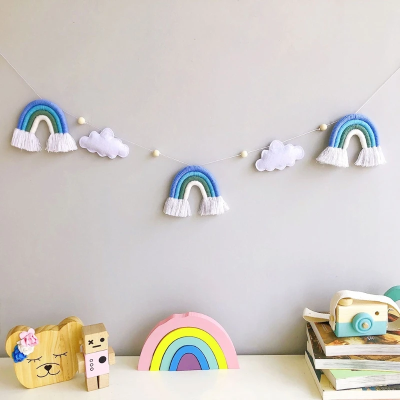 Ghirlanda di perline di legno nordico con nuvola di feltro maglieria di lana arcobaleno nappa pendente appeso ornamento puntelli per riprese fotografiche per bambino