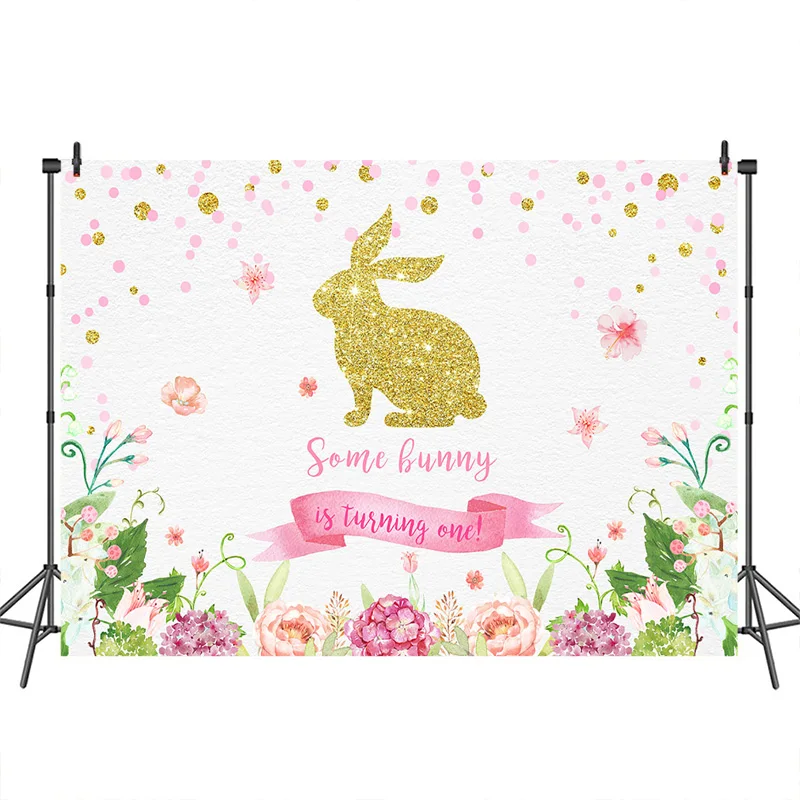 

Some Bunny is turnning One Backdrop Flower Gold Rabbit Background Baby Girl's 1st Birthday Party Banner Decor Photo Booth Props