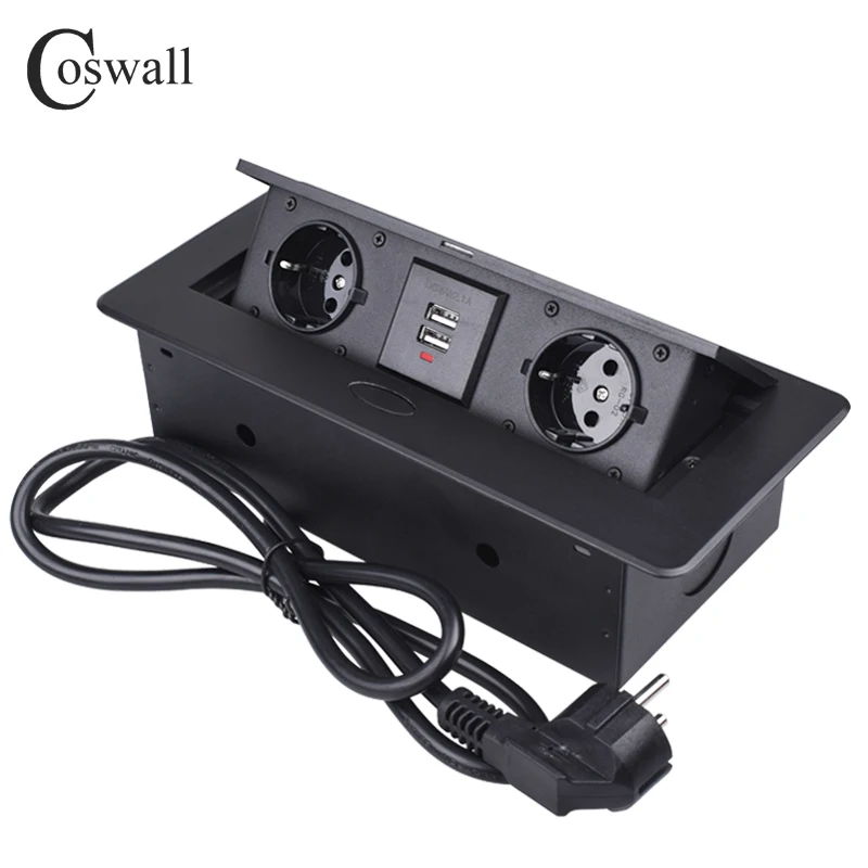 

COSWALL Zinc Alloy Plate Slow POP UP 2 EU Socket Dual USB Charge Port 2.1A Office Table Outlet With 1.3M Extension Plug