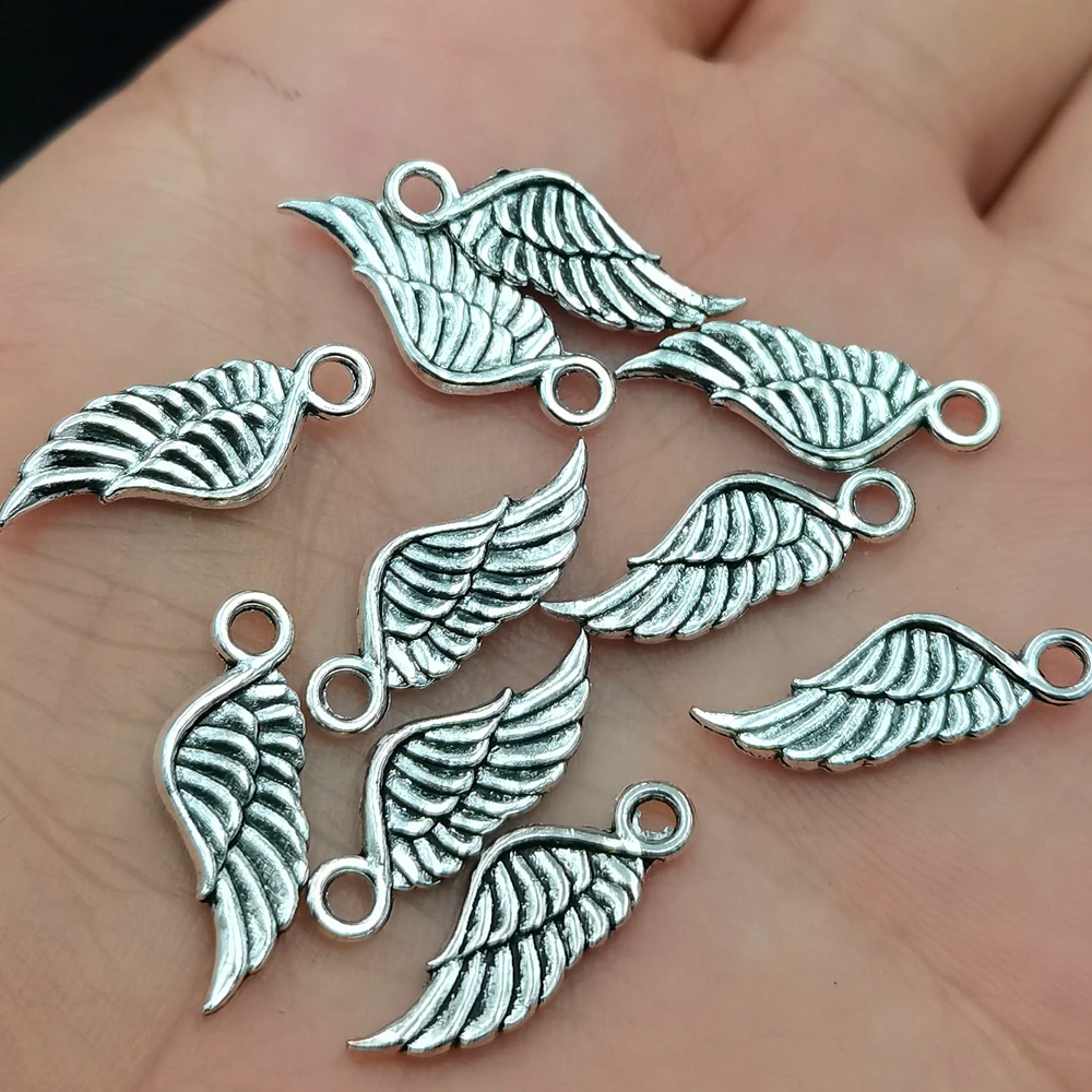 Antiquing 10pcs Charms Double Sided Angel Wings 20.7*7.5mm Antique Pendants Making DIY Handmade Tibetan Silver Color Jewelry