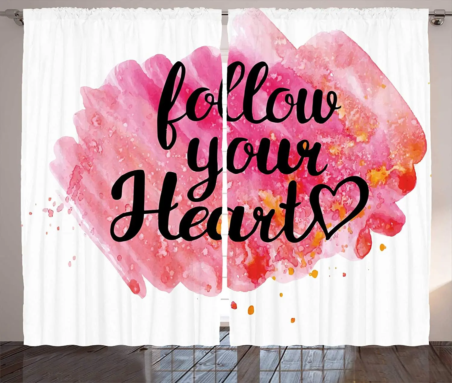 Modern Curtains Follow Your Heart Motivational Words Watercolor Paintbrush Effects Love Themed Print Living Room Bedroom Window