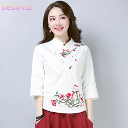 Cotton Linen Chinese Style Qipao Shirt for Women Blue White Hanfu Embroidery Retro Summer Loose Han Fu Traditional Blouse Top