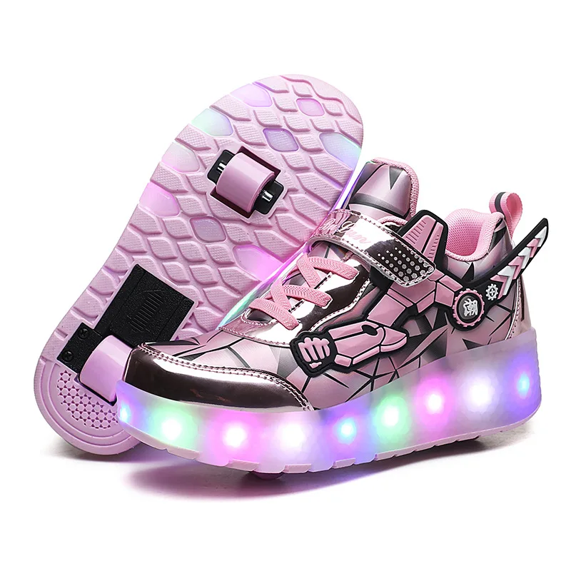 

New Children LED Wheels Shoes With Wing USB Charging Colorful Lights Boys & Girls Roller Shoes Fashion Kids Sneakers Size 28-41